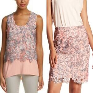 T Tahari Two Piece Peach Orange Lace Skirt Set S